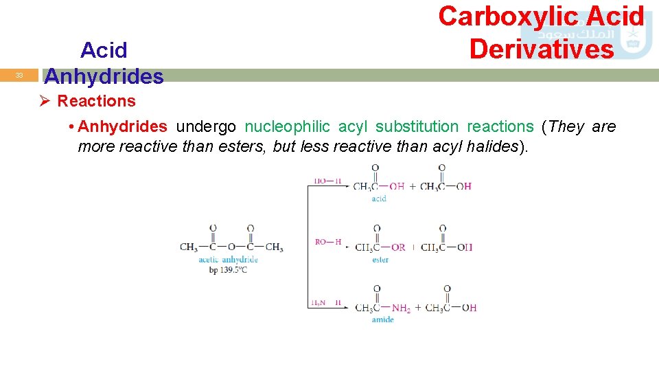 33 Acid Anhydrides Carboxylic Acid Derivatives Ø Reactions • Anhydrides undergo nucleophilic acyl substitution