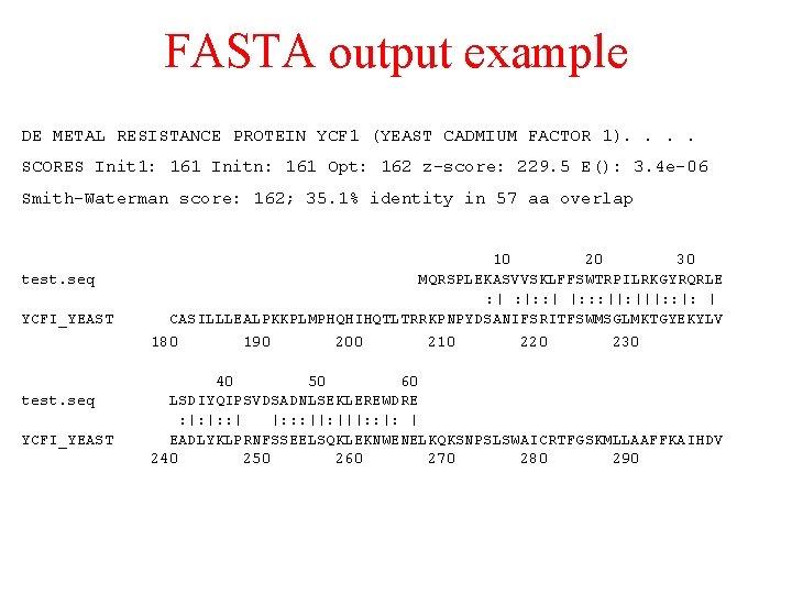 FASTA output example DE METAL RESISTANCE PROTEIN YCF 1 (YEAST CADMIUM FACTOR 1). . FASTA output example DE METAL RESISTANCE PROTEIN YCF 1 (YEAST CADMIUM FACTOR 1). .