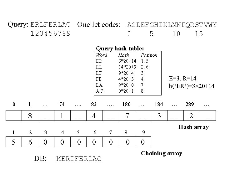 Query: ERLFERLAC One-let codes: ACDEFGHIKLMNPQRSTVWY 123456789 0 5 10 15 Query hash table: Word Query: ERLFERLAC One-let codes: ACDEFGHIKLMNPQRSTVWY 123456789 0 5 10 15 Query hash table: Word