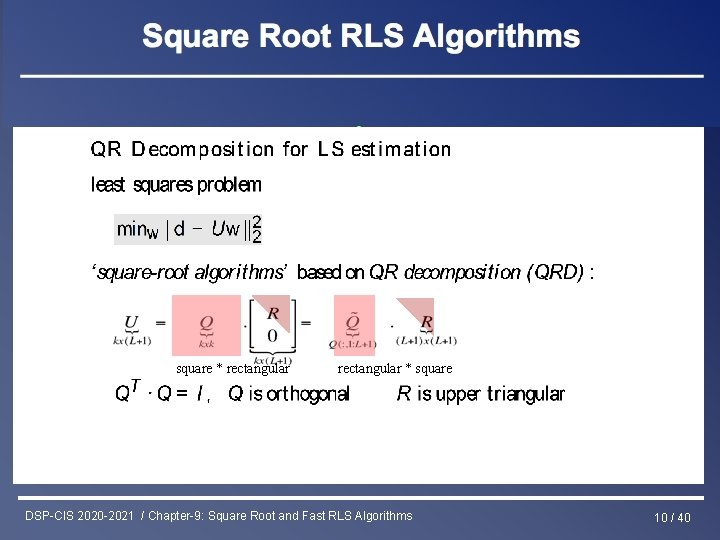Least Squares & RLS Estimation square * rectangular * square DSP-CIS 2020 -2021 /