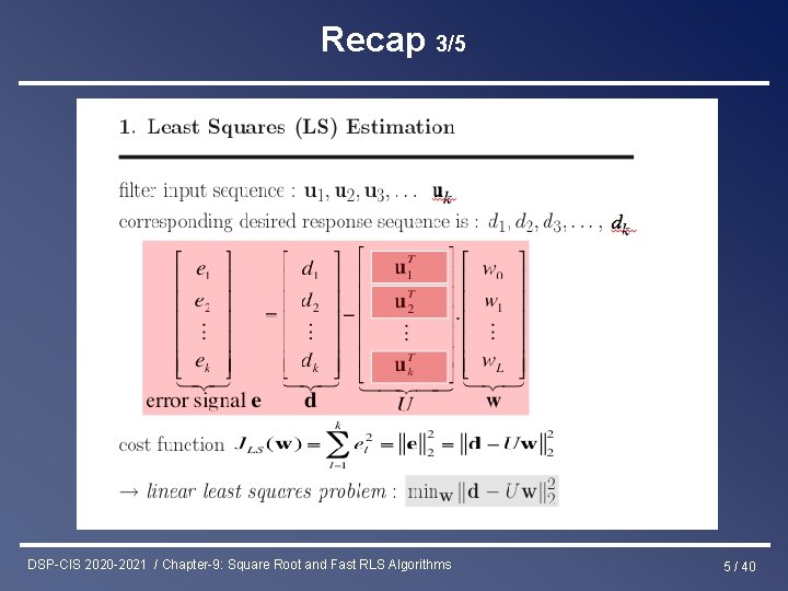 Recap 3/5 DSP-CIS 2020 -2021 / Chapter-9: Square Root and Fast RLS Algorithms 5