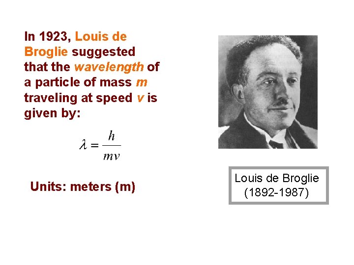 In 1923, Louis de Broglie suggested that the wavelength of a particle of mass In 1923, Louis de Broglie suggested that the wavelength of a particle of mass