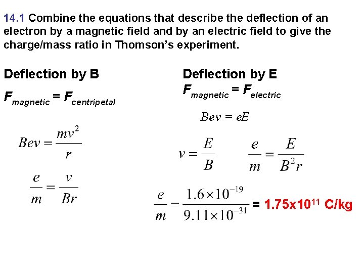 14. 1 Combine the equations that describe the deflection of an electron by a 14. 1 Combine the equations that describe the deflection of an electron by a