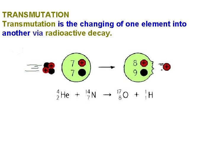 TRANSMUTATION Transmutation is the changing of one element into another via radioactive decay. TRANSMUTATION Transmutation is the changing of one element into another via radioactive decay.