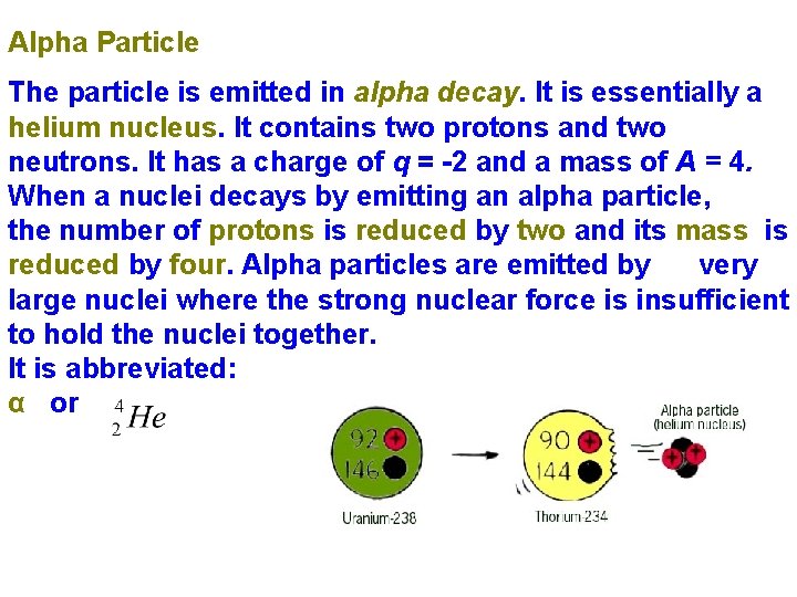 Alpha Particle The particle is emitted in alpha decay. It is essentially a helium Alpha Particle The particle is emitted in alpha decay. It is essentially a helium