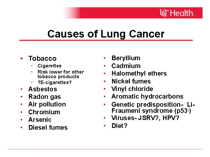 Causes of Lung Cancer • Tobacco • Cigarettes • Risk lower for other tobacco