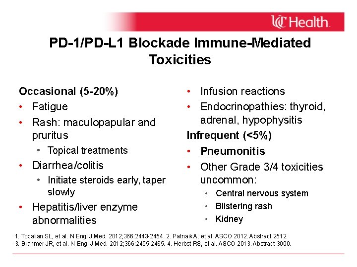 PD-1/PD-L 1 Blockade Immune-Mediated Toxicities Occasional (5 -20%) • Fatigue • Rash: maculopapular and