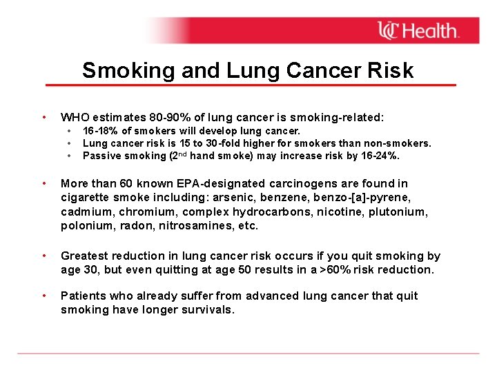 Smoking and Lung Cancer Risk • WHO estimates 80 -90% of lung cancer is