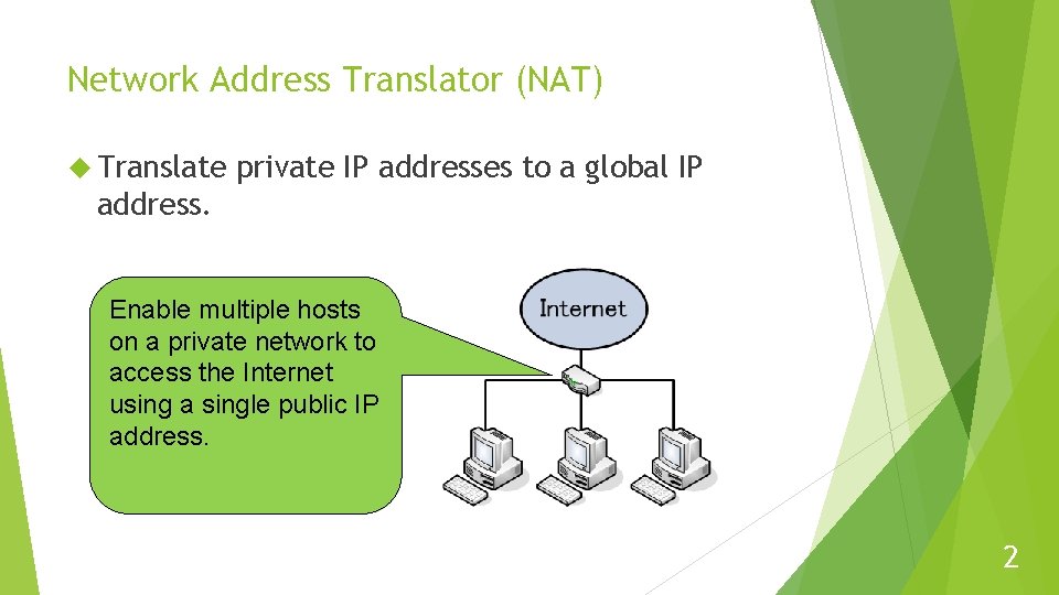 Network Address Translator (NAT) Translate private IP addresses to a global IP address. Enable