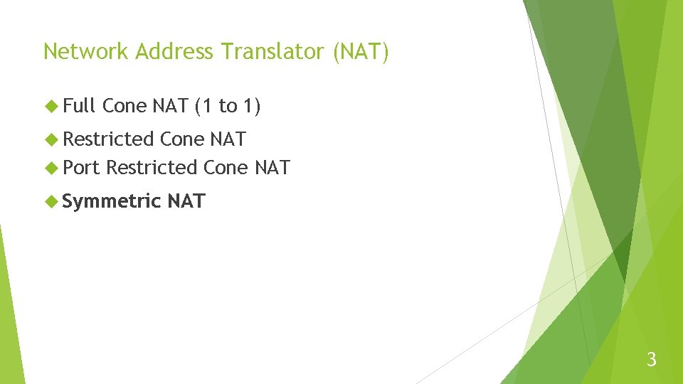 Network Address Translator (NAT) Full Cone NAT (1 to 1) Restricted Cone NAT Port