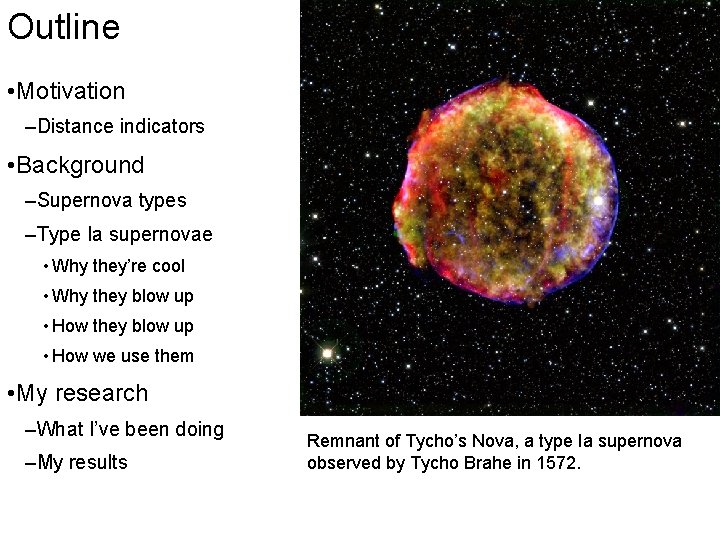 Outline • Motivation –Distance indicators • Background –Supernova types –Type Ia supernovae • Why