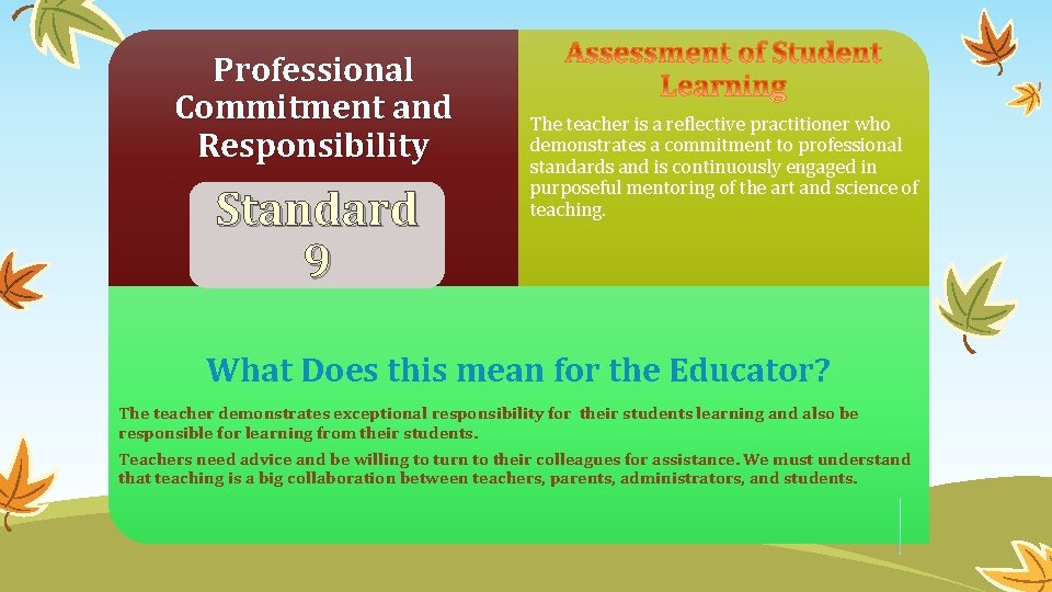 Professional Commitment and Responsibility Standard 9 The teacher is a reflective practitioner who demonstrates