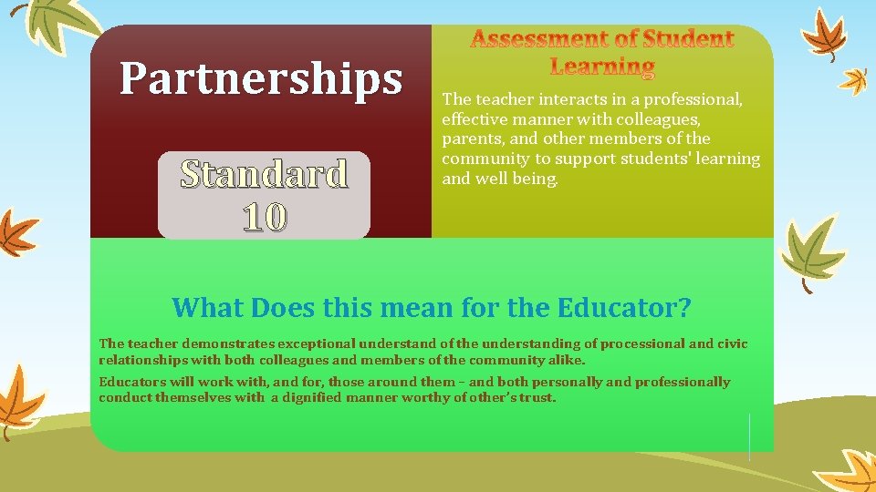 Partnerships Standard 10 The teacher interacts in a professional, effective manner with colleagues, parents,