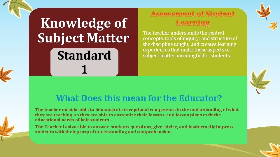 Knowledge of Subject Matter Standard 1 The teacher understands the central concepts, tools of