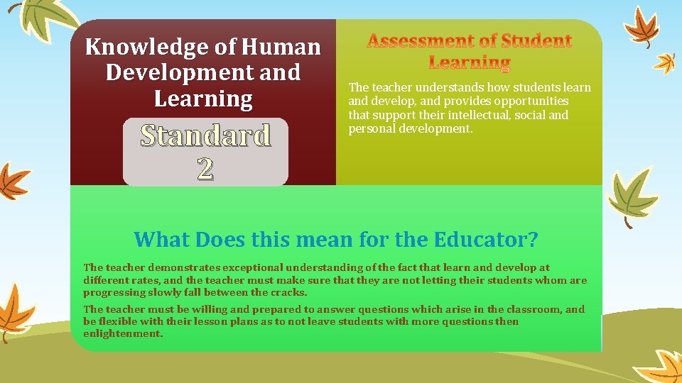 Knowledge of Human Development and Learning Standard 2 The teacher understands how students learn