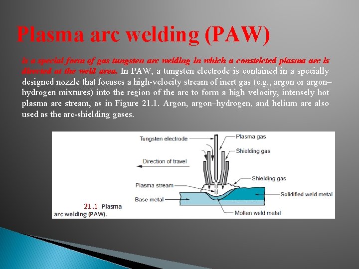 Plasma arc welding (PAW) is a special form of gas tungsten arc welding in