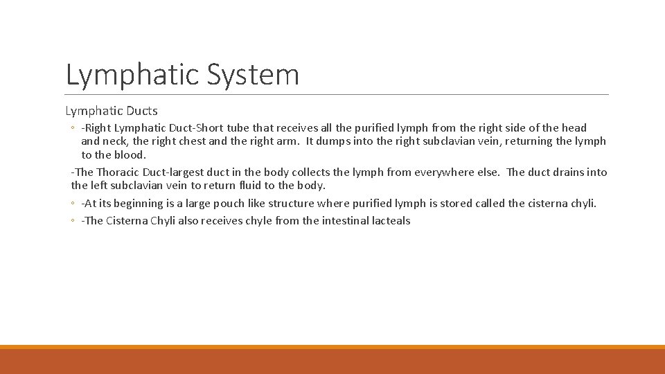 Lymphatic System Lymphatic Ducts ◦ -Right Lymphatic Duct-Short tube that receives all the purified