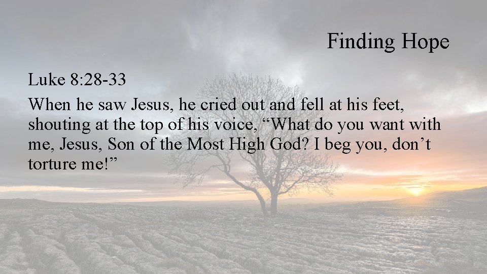 Finding Hope Luke 8: 28 -33 When he saw Jesus, he cried out and