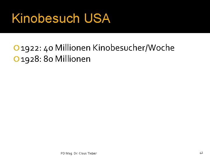 Kinobesuch USA ¡ 1922: 40 Millionen Kinobesucher/Woche ¡ 1928: 80 Millionen PD Mag. Dr.