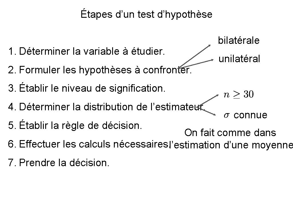 Étapes d’un test d’hypothèse 1. Déterminer la variable à étudier. 2. Formuler les hypothèses