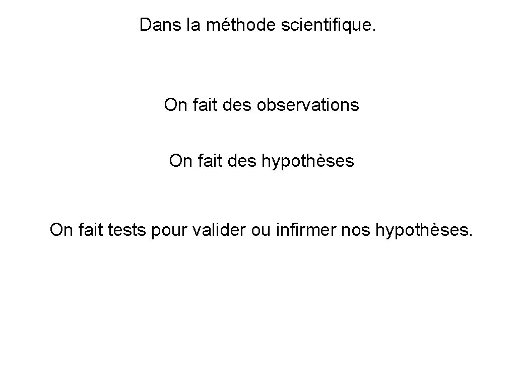 Dans la méthode scientifique. On fait des observations On fait des hypothèses On fait