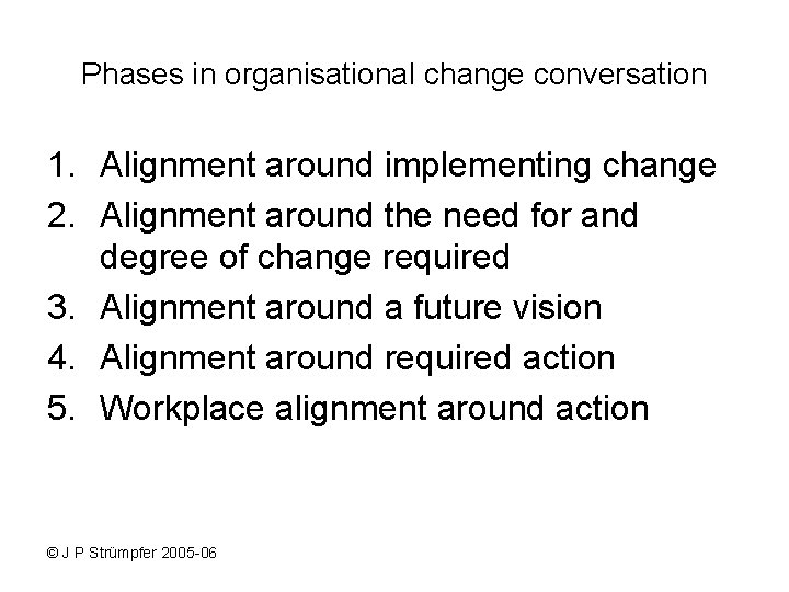 Phases in organisational change conversation 1. Alignment around implementing change 2. Alignment around the Phases in organisational change conversation 1. Alignment around implementing change 2. Alignment around the