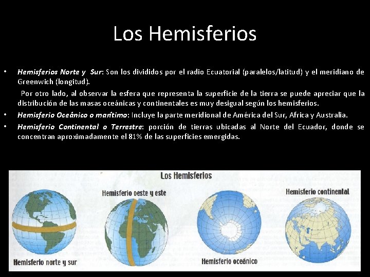Los Hemisferios • • • Hemisferios Norte y Sur: Son los divididos por el
