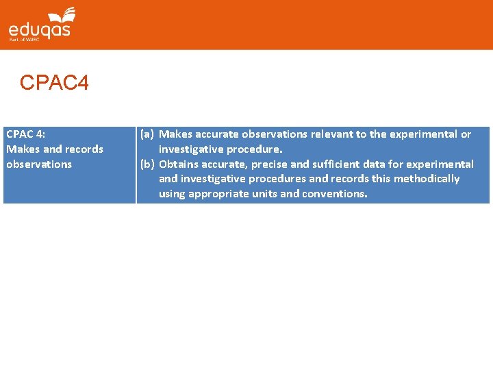 CPAC 4: Makes and records observations (a) Makes accurate observations relevant to the experimental