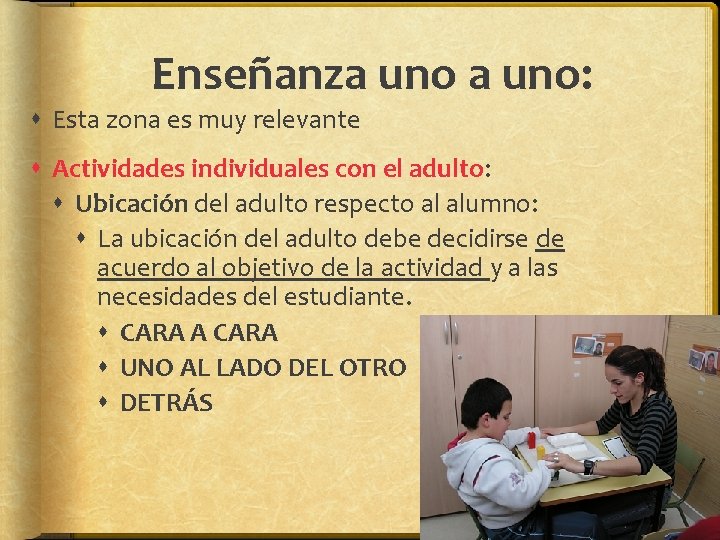 Enseñanza uno: Esta zona es muy relevante Actividades individuales con el adulto: Ubicación del Enseñanza uno: Esta zona es muy relevante Actividades individuales con el adulto: Ubicación del