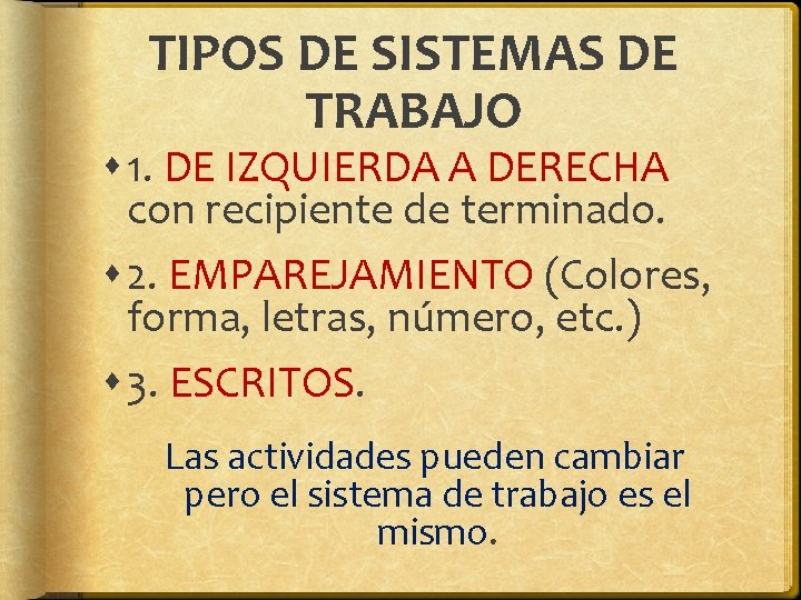 TIPOS DE SISTEMAS DE TRABAJO 1. DE IZQUIERDA A DERECHA con recipiente de terminado. TIPOS DE SISTEMAS DE TRABAJO 1. DE IZQUIERDA A DERECHA con recipiente de terminado.
