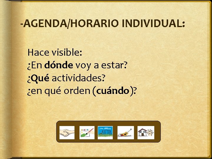 -AGENDA/HORARIO INDIVIDUAL: Hace visible: ¿En dónde voy a estar? ¿Qué actividades? ¿en qué orden -AGENDA/HORARIO INDIVIDUAL: Hace visible: ¿En dónde voy a estar? ¿Qué actividades? ¿en qué orden