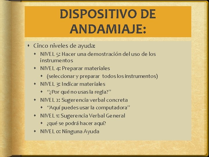 DISPOSITIVO DE ANDAMIAJE: Cinco niveles de ayuda: NIVEL 5: Hacer una demostración del uso DISPOSITIVO DE ANDAMIAJE: Cinco niveles de ayuda: NIVEL 5: Hacer una demostración del uso