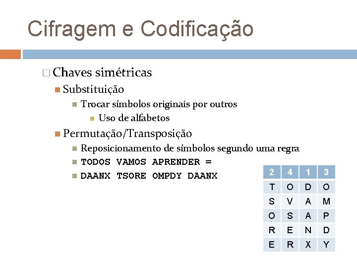 Cifragem e Codificação � Chaves simétricas Substituição Trocar símbolos originais por outros Uso de