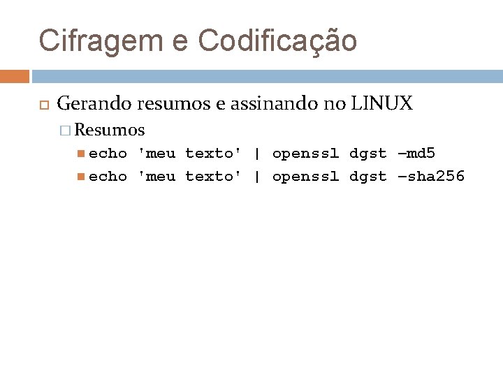 Cifragem e Codificação Gerando resumos e assinando no LINUX � Resumos echo 'meu texto'