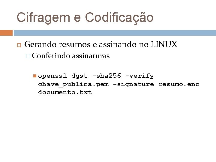 Cifragem e Codificação Gerando resumos e assinando no LINUX � Conferindo openssl assinaturas dgst