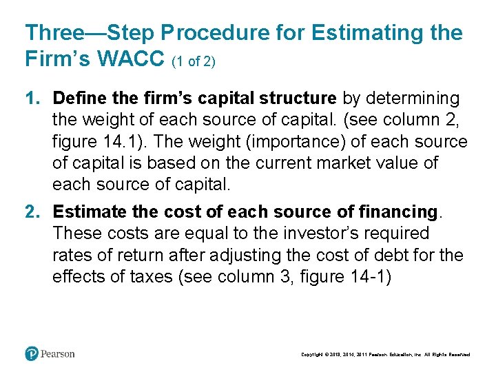 Three—Step Procedure for Estimating the Firm’s WACC (1 of 2) 1. Define the firm’s