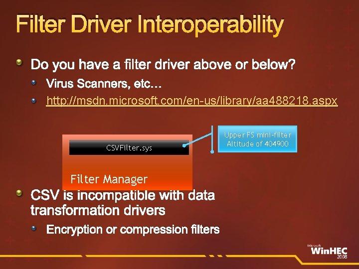 Filter Driver Interoperability Do you have a filter driver above or below? Virus Scanners,