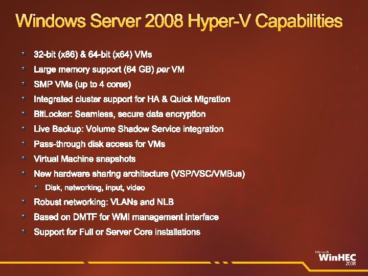 Windows Server 2008 Hyper-V Capabilities 32 -bit (x 86) & 64 -bit (x 64)