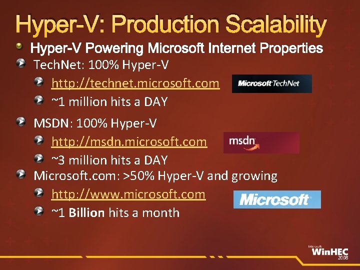 Hyper-V: Production Scalability Hyper-V Powering Microsoft Internet Properties Tech. Net: 100% Hyper-V http: //technet.