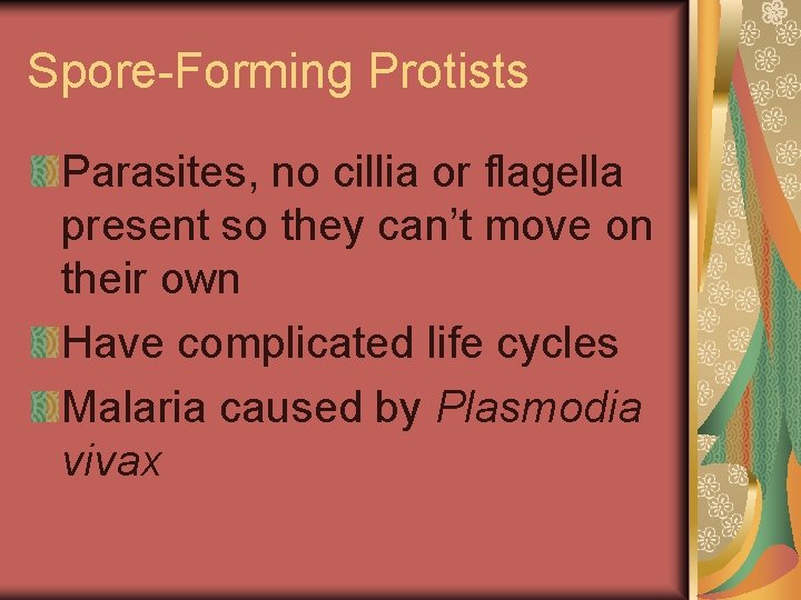 Spore-Forming Protists Parasites, no cillia or flagella present so they can’t move on their