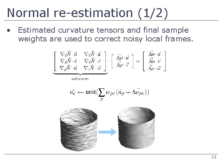 Normal re-estimation (1/2) • Estimated curvature tensors and final sample weights are used to