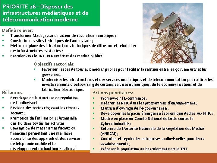 PRIORITE 26– Disposer des infrastructures médiatiques et de télécommunication moderne Défis à relever: PRIORITE 26– Disposer des infrastructures médiatiques et de télécommunication moderne Défis à relever: