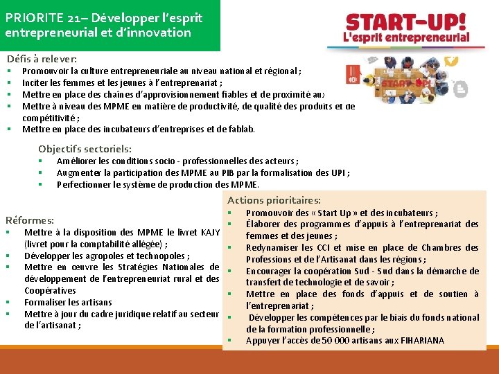 PRIORITE 21– Développer l’esprit entrepreneurial et d’innovation Défis à relever: § § § PRIORITE 21– Développer l’esprit entrepreneurial et d’innovation Défis à relever: § § §