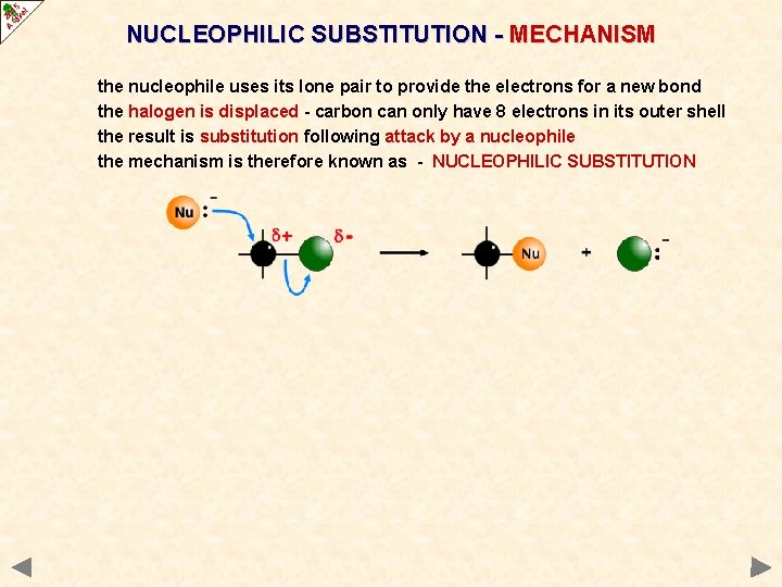 NUCLEOPHILIC SUBSTITUTION - MECHANISM the nucleophile uses its lone pair to provide the electrons