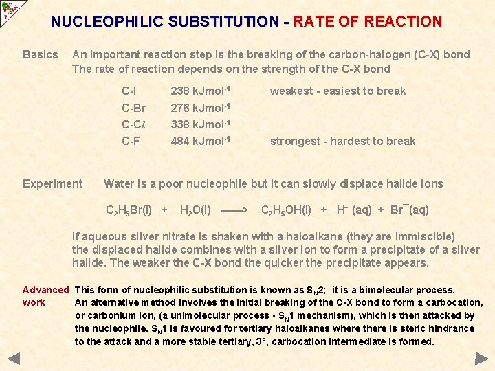 NUCLEOPHILIC SUBSTITUTION - RATE OF REACTION Basics An important reaction step is the breaking
