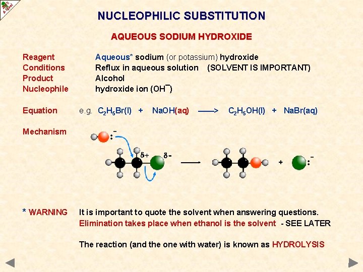 NUCLEOPHILIC SUBSTITUTION AQUEOUS SODIUM HYDROXIDE Reagent Conditions Product Nucleophile Equation Aqueous* sodium (or potassium)
