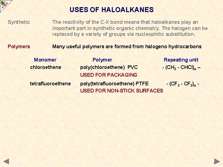 USES OF HALOALKANES Synthetic The reactivity of the C-X bond means that haloalkanes play