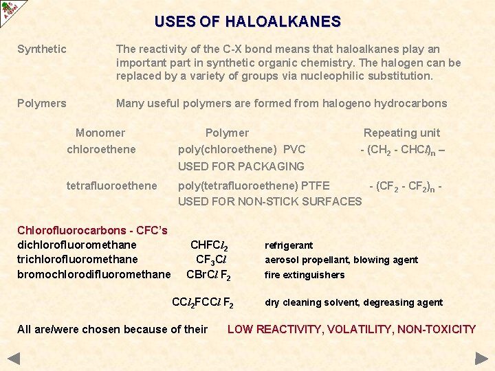 USES OF HALOALKANES Synthetic The reactivity of the C-X bond means that haloalkanes play