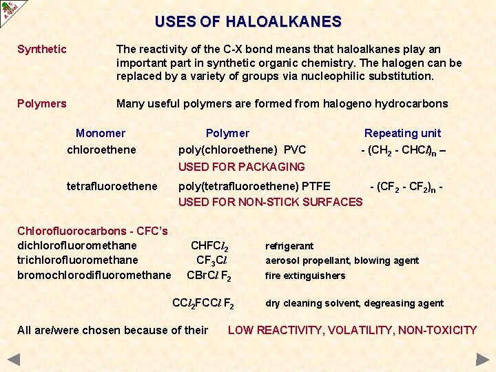 USES OF HALOALKANES Synthetic The reactivity of the C-X bond means that haloalkanes play