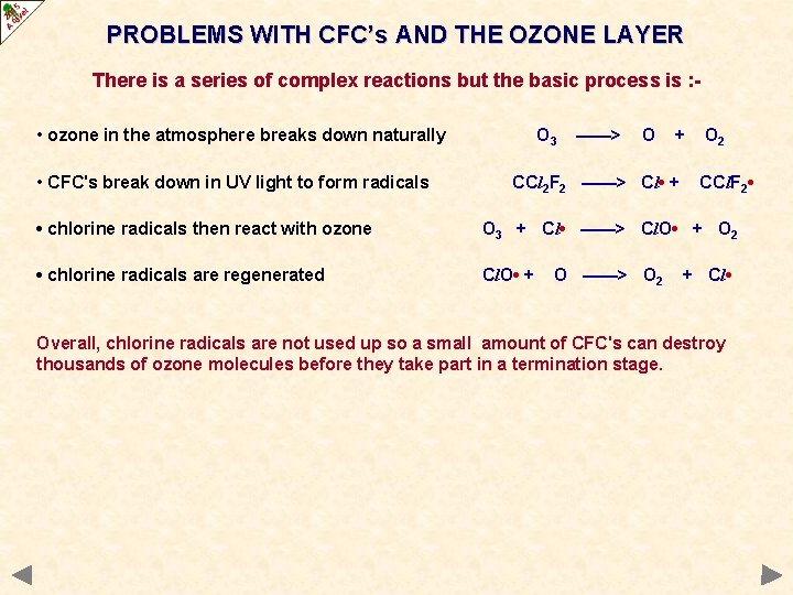 PROBLEMS WITH CFC’s AND THE OZONE LAYER There is a series of complex reactions